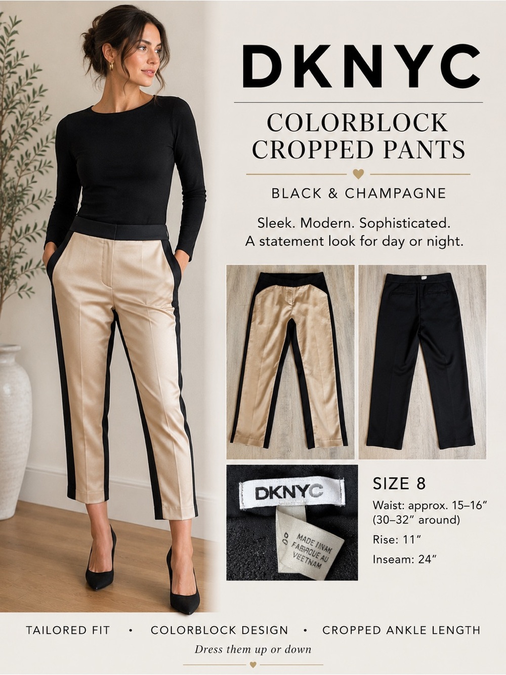DKNYC Size 8 Black Champagne Colorblock Cropped Pants